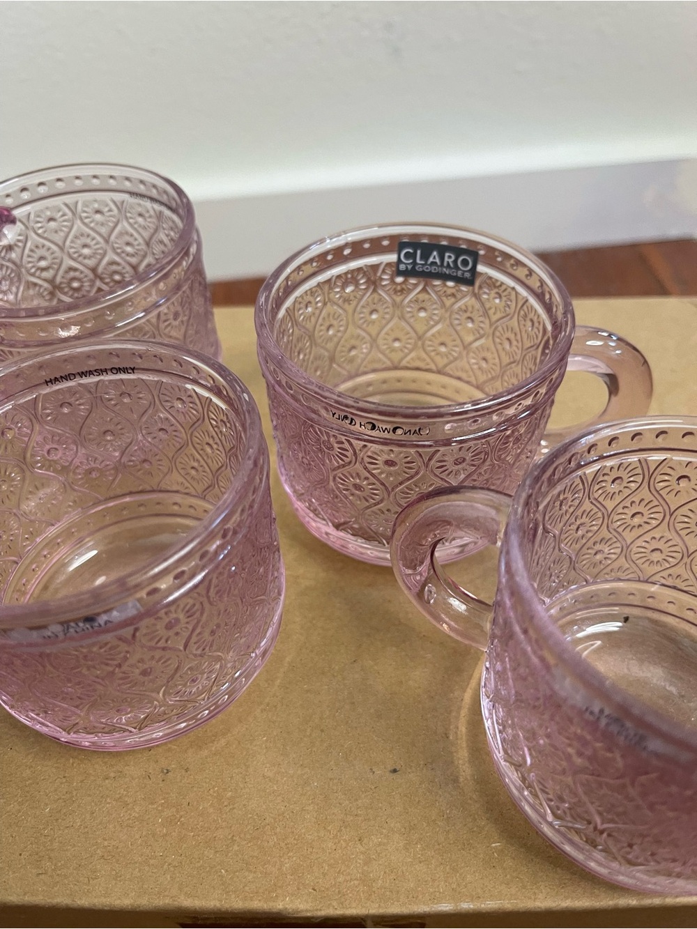 Claro by Godinger Pink Rose Embossed Glass Sandwich Tea Cups